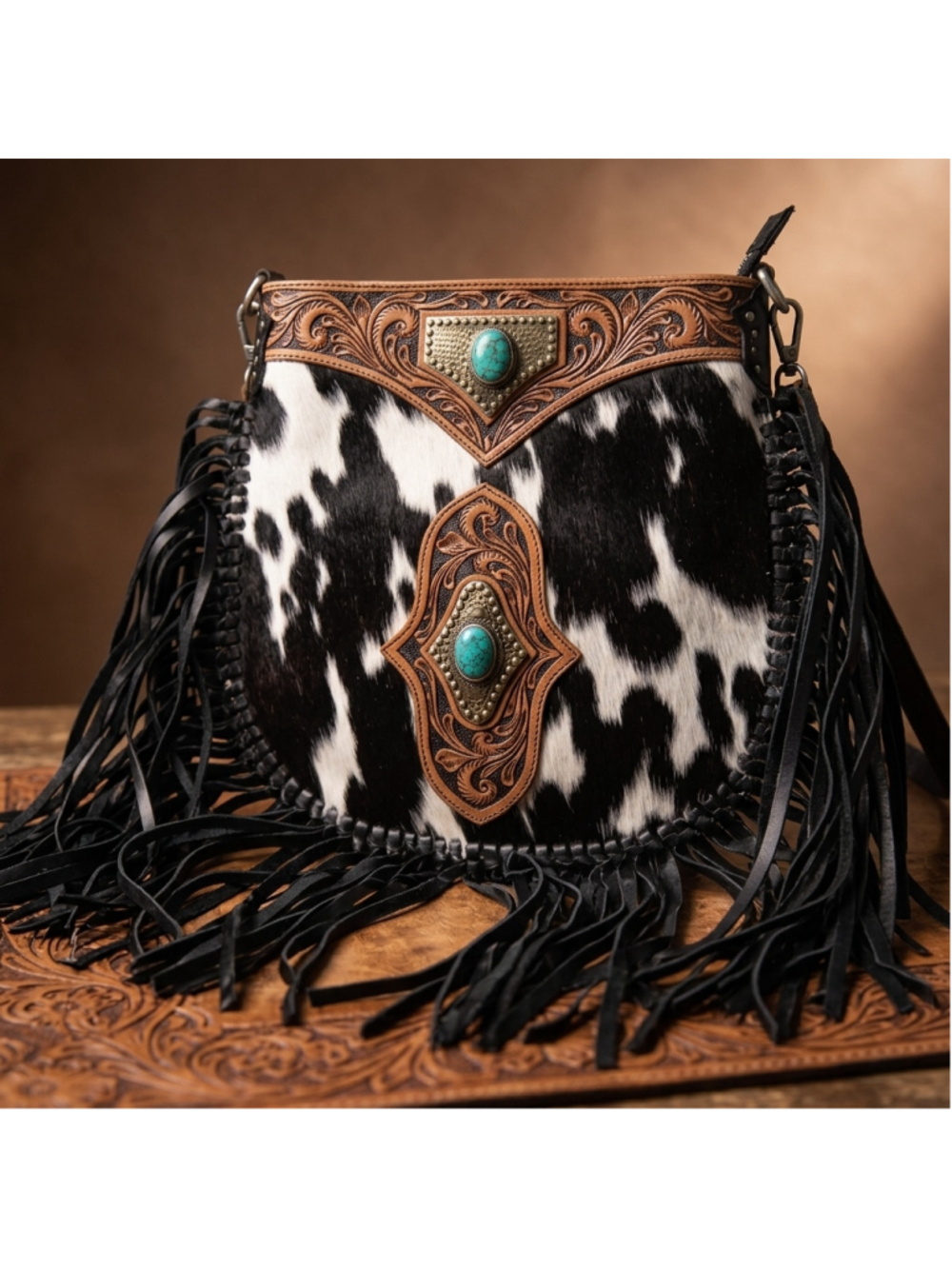Mojave Tassle Bag - Black & White Cowhide
